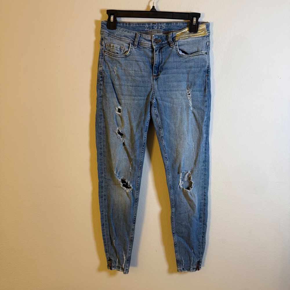 Zara Basic Z1975 Denim Blue Distressed Skinny Jeans Gold Detail Ankle Zip Size 6
